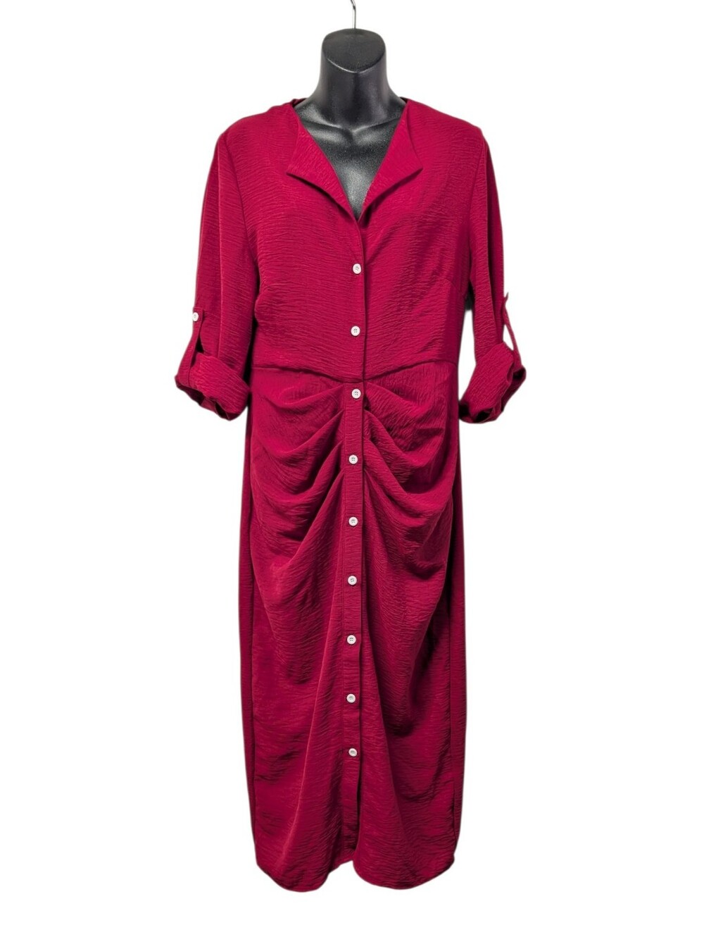 SHEIN Women's Red Solid Shirt Dress Collared Button Pockets Midi 3/4 Sleeve M